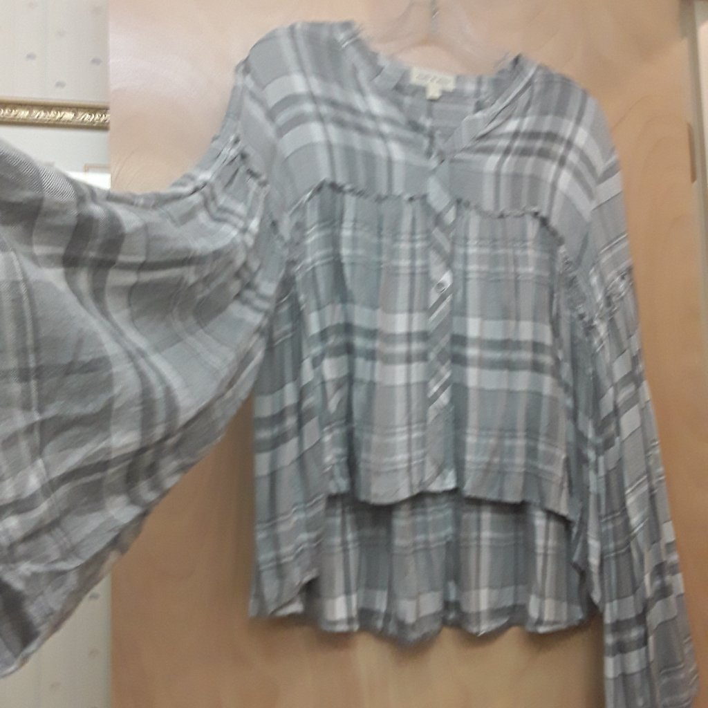 Anthro Grey Plaid Raw Hem Ruffle Cloth & Stone Button Top L